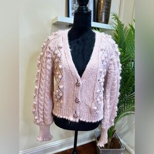 BLOGGER FAV ZARA Pom Pom Knit Wool Alpaca Sweater Cardigan w/ Rhinestone Button